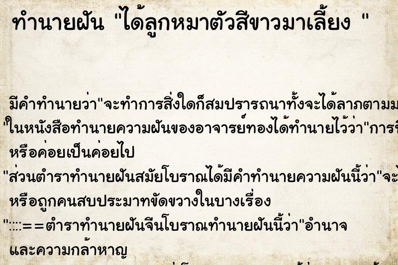 ทำนายฝัน ได้ลูกหมาตัวสีขาวมาเลี้ยง 